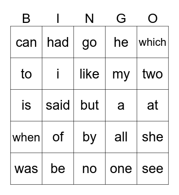 Heart word Bingo Card