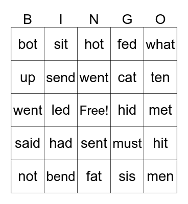 Word Work Short Vowels Bingo Card