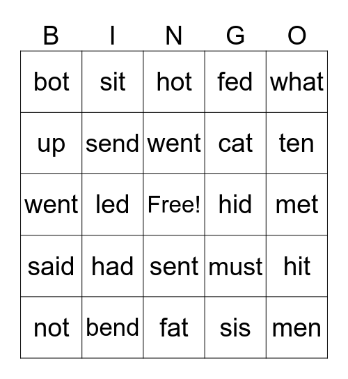 Word Work Short Vowels Bingo Card