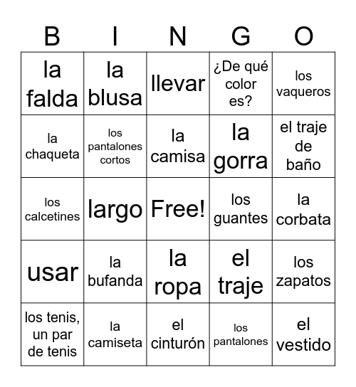 La Ropa Spanish 1 Bingo Card