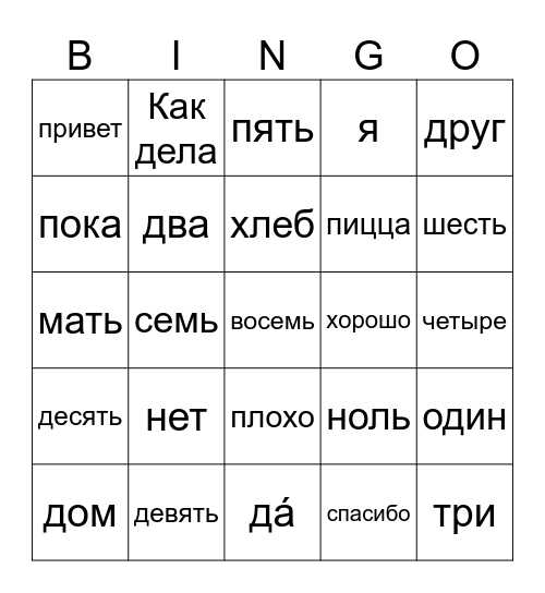 MS Intro to Russian Bingo Card