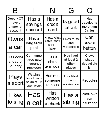 Independent Living BINGO Card
