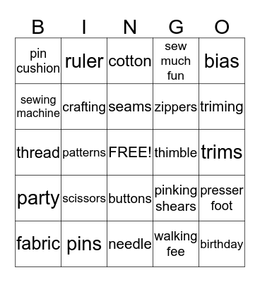 Sewing Bingo Card