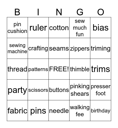 Sewing Bingo Card