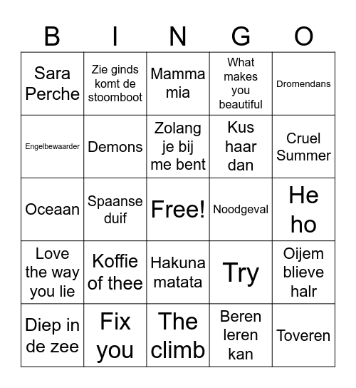 Liedjes Bingo Card