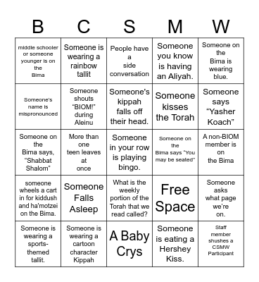 CSMW SHABBAT BINGO Card