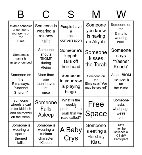 CSMW SHABBAT BINGO Card