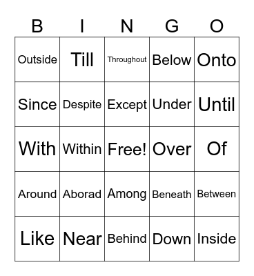 Preposition Bingo Card