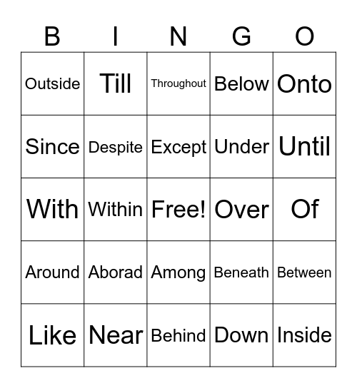 Preposition Bingo Card