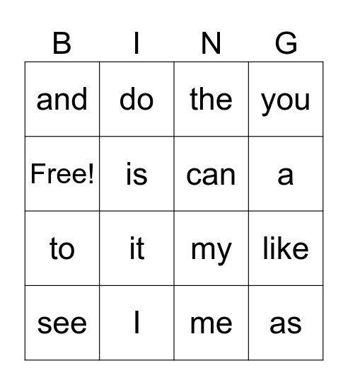 Heart Word Bingo Card