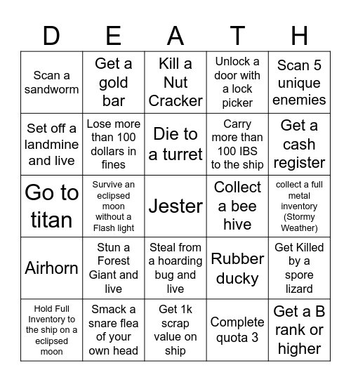 Lethal Company bingo Card