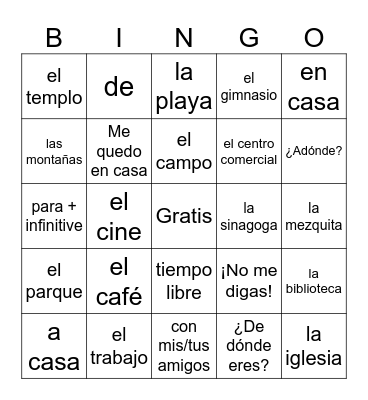 ¿Adónde vas? Bingo Card