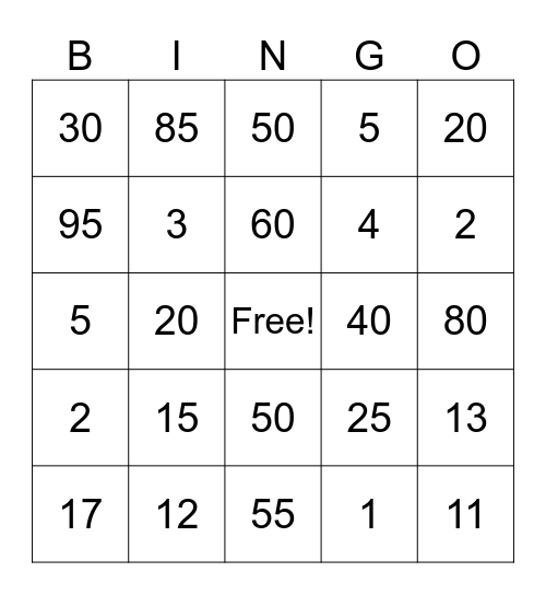 Multiplication Bingo Card