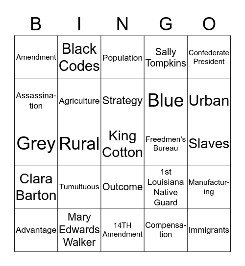 CIVIL WAR BINGO - Vocabulary Bingo Card
