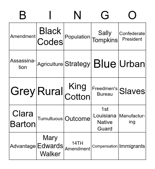 CIVIL WAR BINGO - Vocabulary Bingo Card