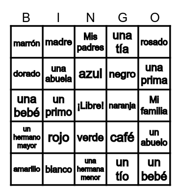 SPANISH COLORS and Family Bingo Card
