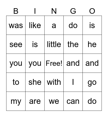 Kinder Sight words Bingo Card