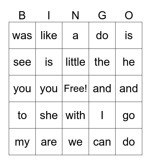 Kinder Sight words Bingo Card