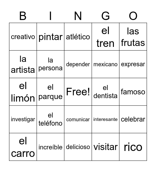 Los cognados Bingo Card