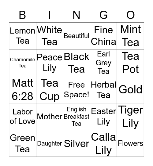 Mother~Daughter Tea Bingo Card