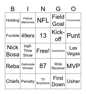 Super Bowl 2024 Bingo Card