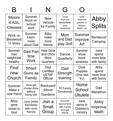 Family Goal Bingo Card