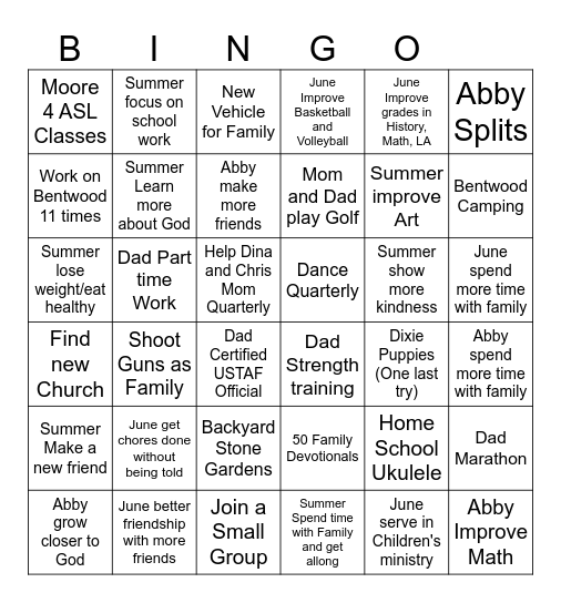 Family Goal Bingo Card