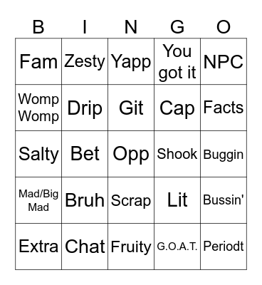 Student Slang BINGO Card