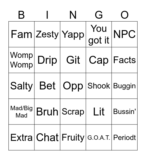 Student Slang BINGO Card