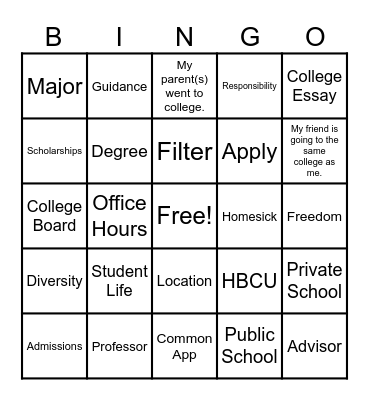 College Application Bingo Card