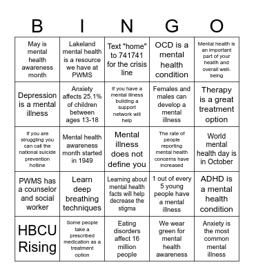 Mental Health Facts Bingo Card