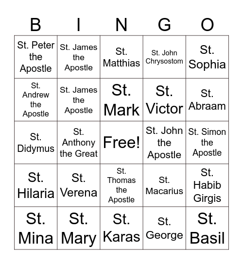 Saints Bingo Card