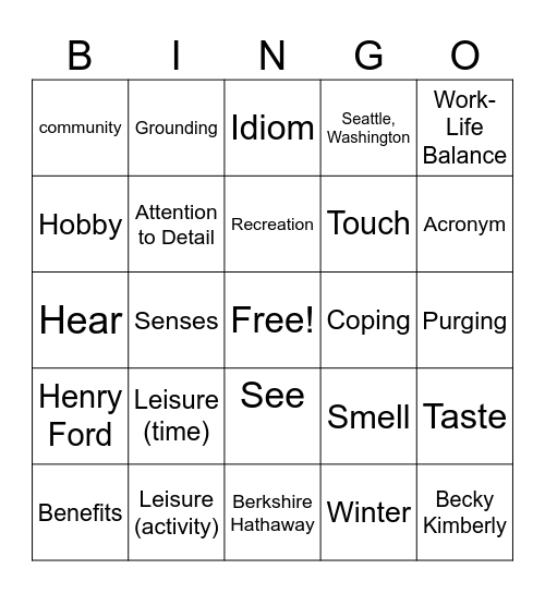 Leisurely Bingo Game Bingo Card