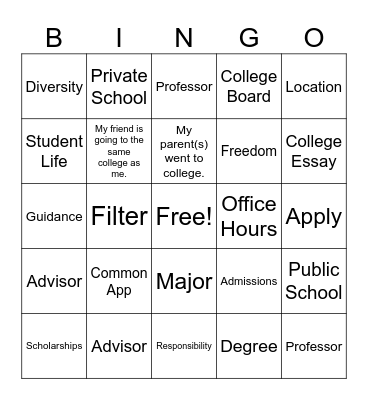 College Application Bingo Card