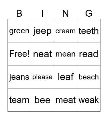 'ee' and 'ea' Bingo Card