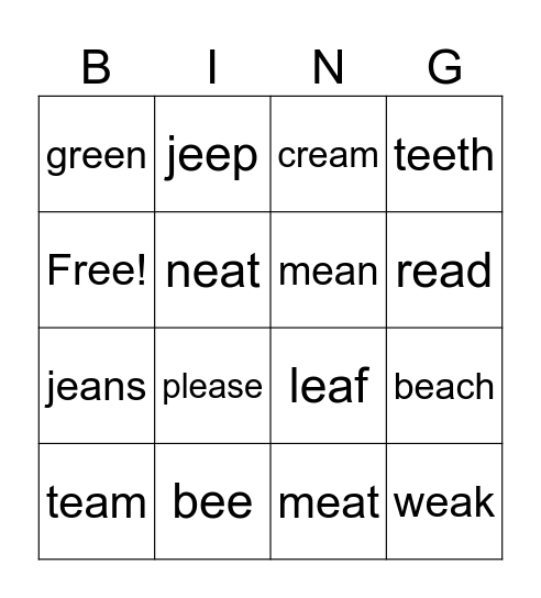 'ee' and 'ea' Bingo Card
