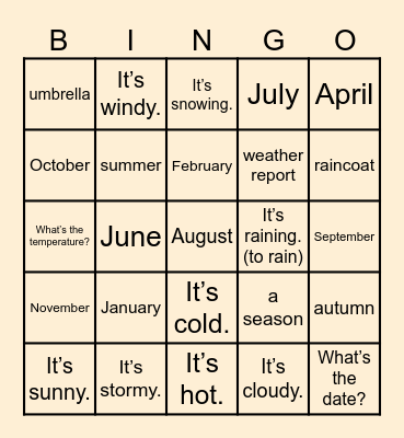 5B Vocabulaire (an anglais) Bingo Card