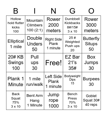 Full body Workout Bingo Card