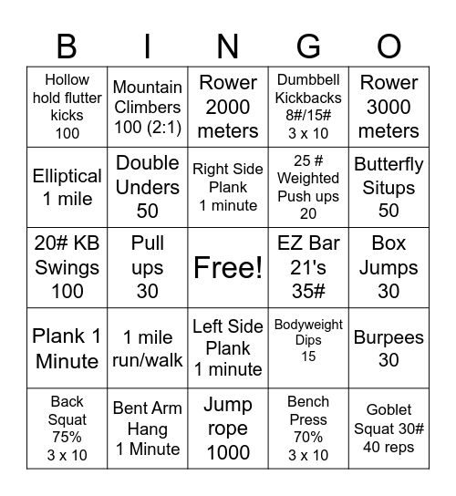Full body Workout Bingo Card