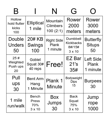 Full body Workout Bingo Card