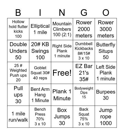 Full body Workout Bingo Card