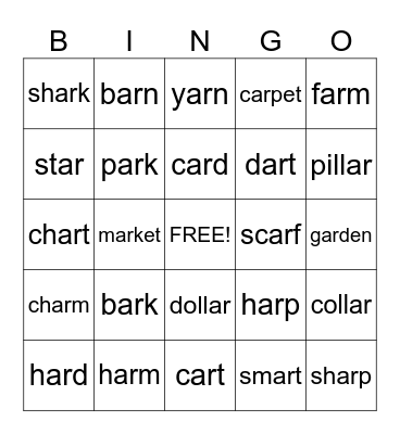 R Controlled -  ar  Words Bingo Card