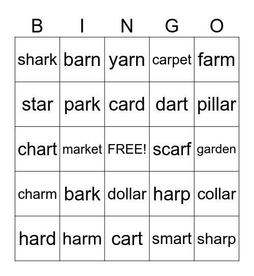 R Controlled -  ar  Words Bingo Card