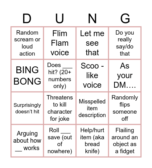 DNDINGO Bingo Card