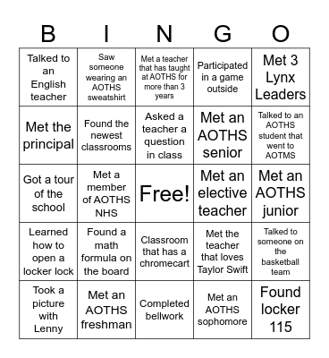 AOTHS School Bingo Card