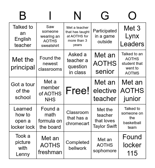 AOTHS School Bingo Card