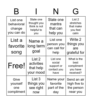 Mental Health Bingo Card