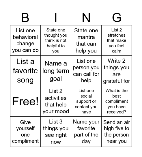 Mental Health Bingo Card