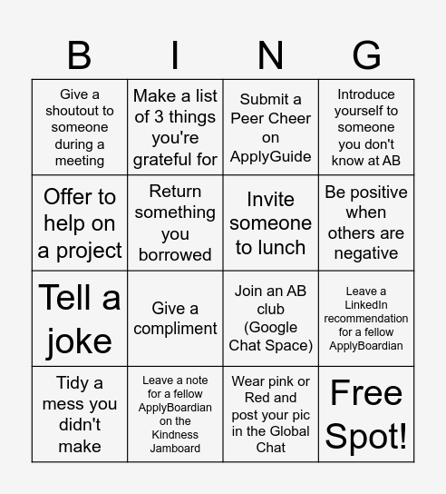 Random Acts of Kindness Day Bingo Card