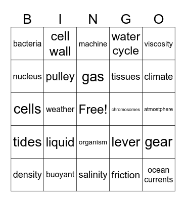 Gr. 8 Science Recall Bingo Card